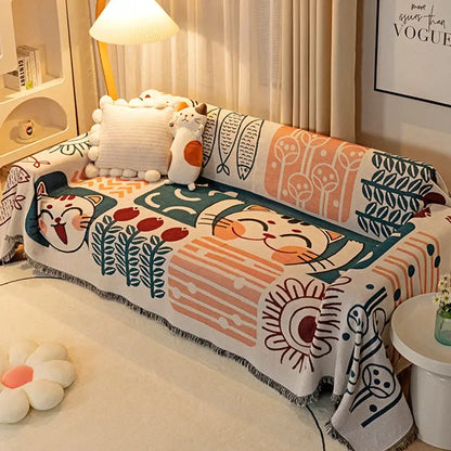 Cute cartoon lucky cat knitted blanket by decorbites with fringed edges and soft cozy woven texture