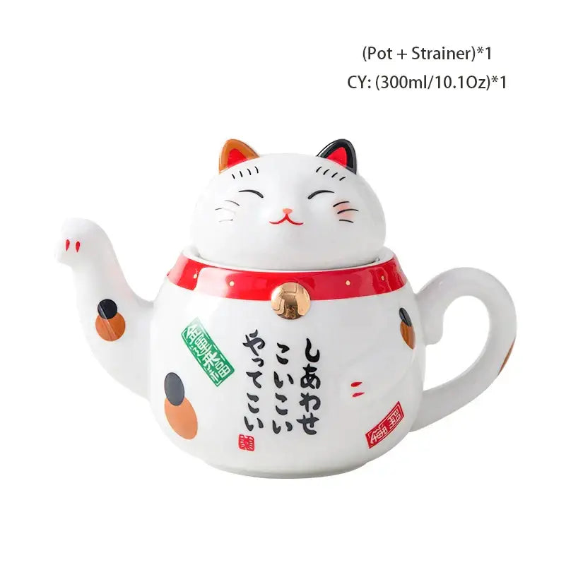 White ceramic decorbites lucky cat porcelain teapot shaped like a smiling maneki-neko with orange and black accents