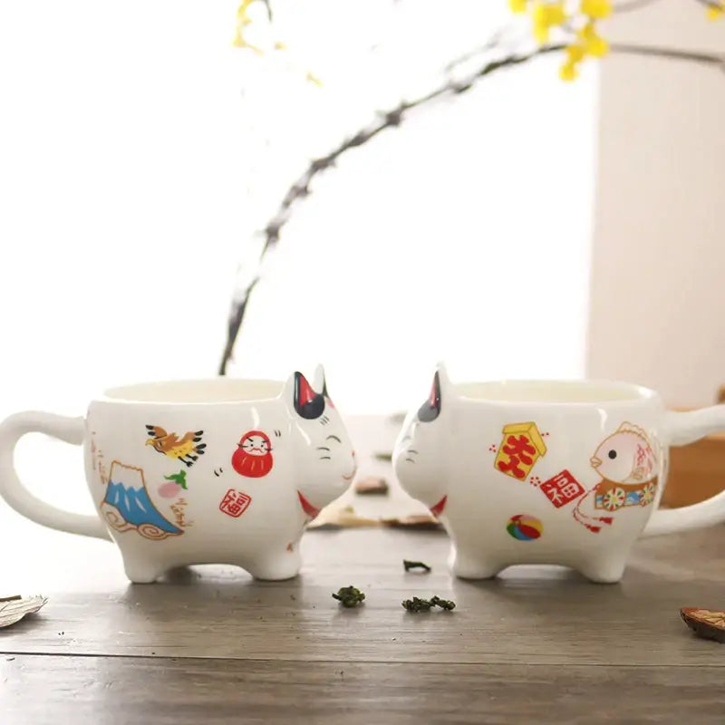 White ceramic lucky cat porcelain mugs with colorful japanese-inspired illustrations in decorbites lucky cat tea set