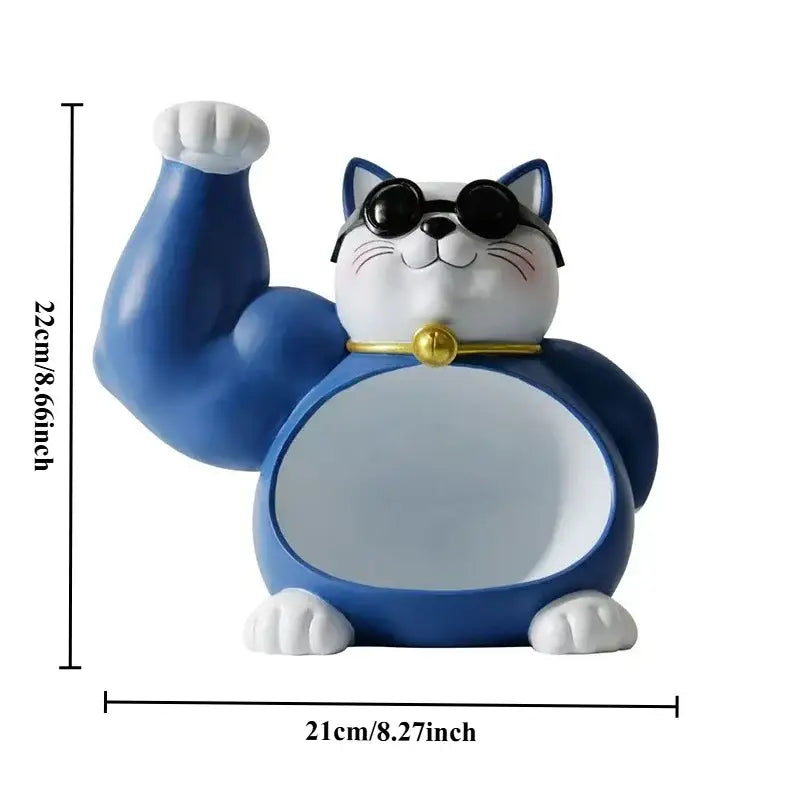 Blue and white ceramic lucky cat resin figurine wearing black sunglasses with gold collar for cat remote control organization
