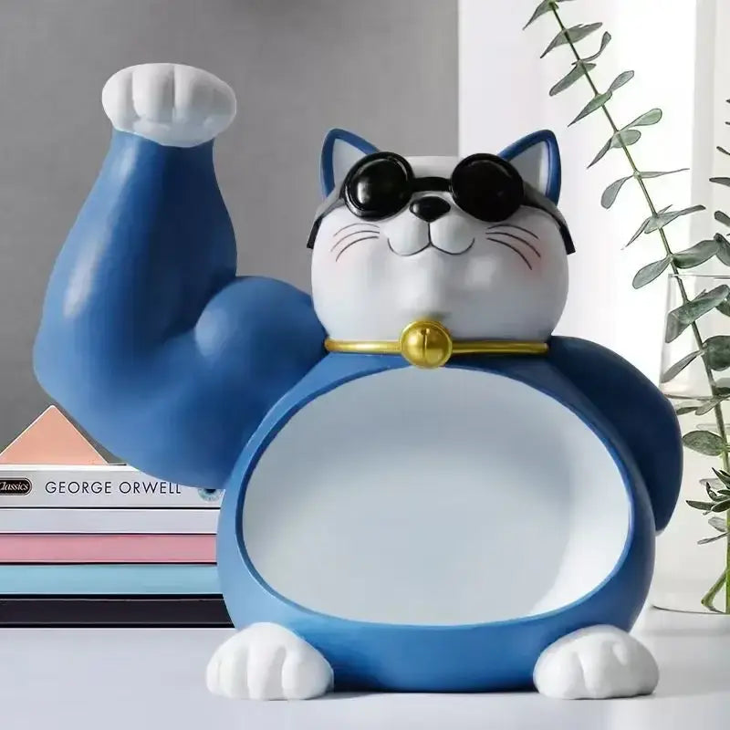 Blue and white ceramic lucky cat remote control figurine with black sunglasses and gold collar for modern home decor