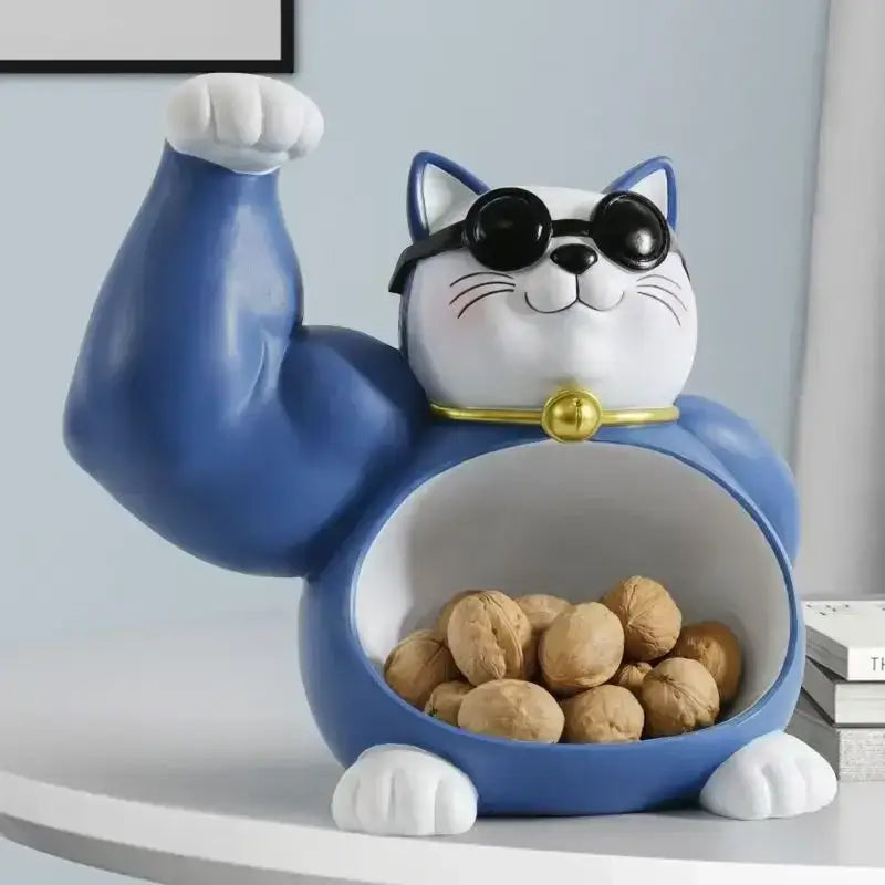 Blu and white ceramic lucky cat remote figurine flexing arm holding walnuts modern home decor organizer resin