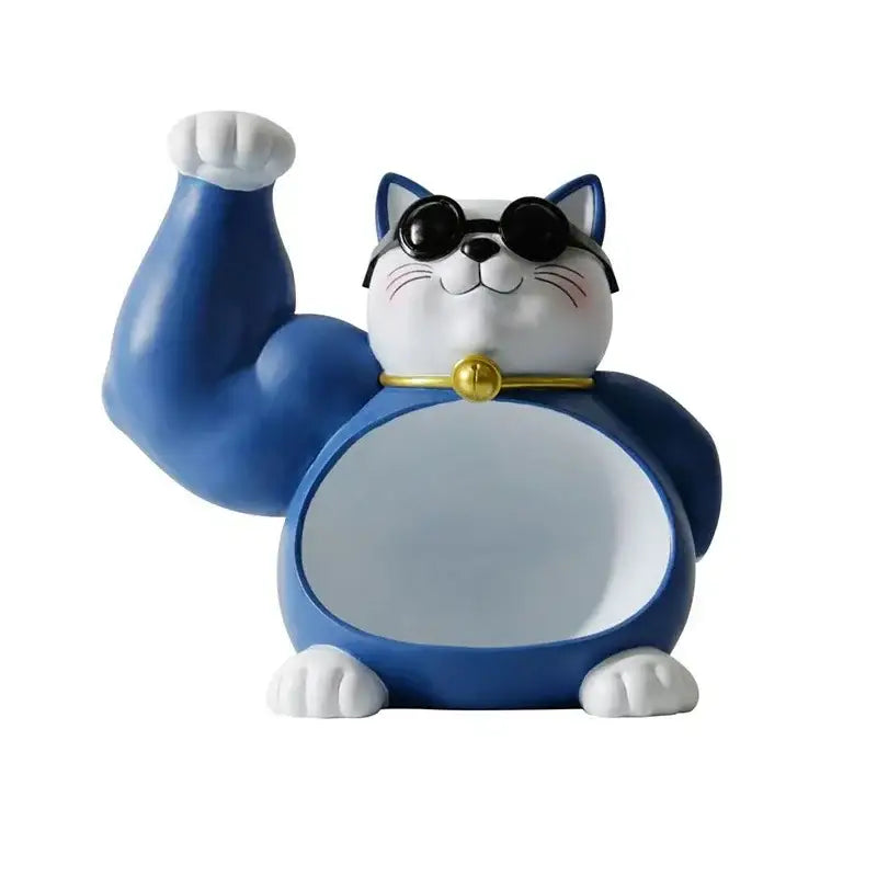 Blue and white ceramic lucky cat resin figurine with gold collar and black sunglasses for cat remote control storage
