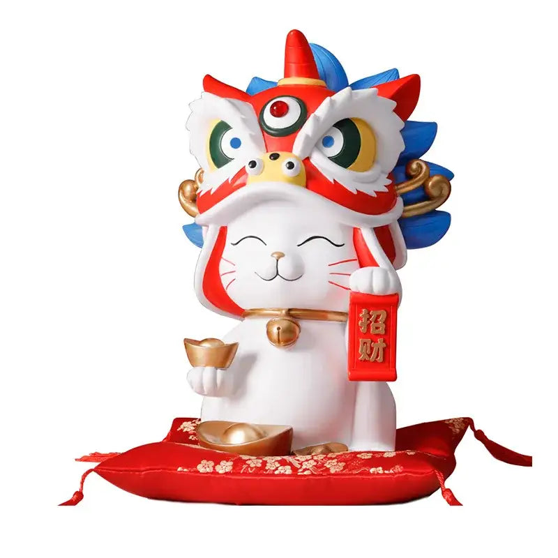 White ceramic decorbites lucky cat figurine with colorful lion dance mask holding golden ingot and red banner for home decor