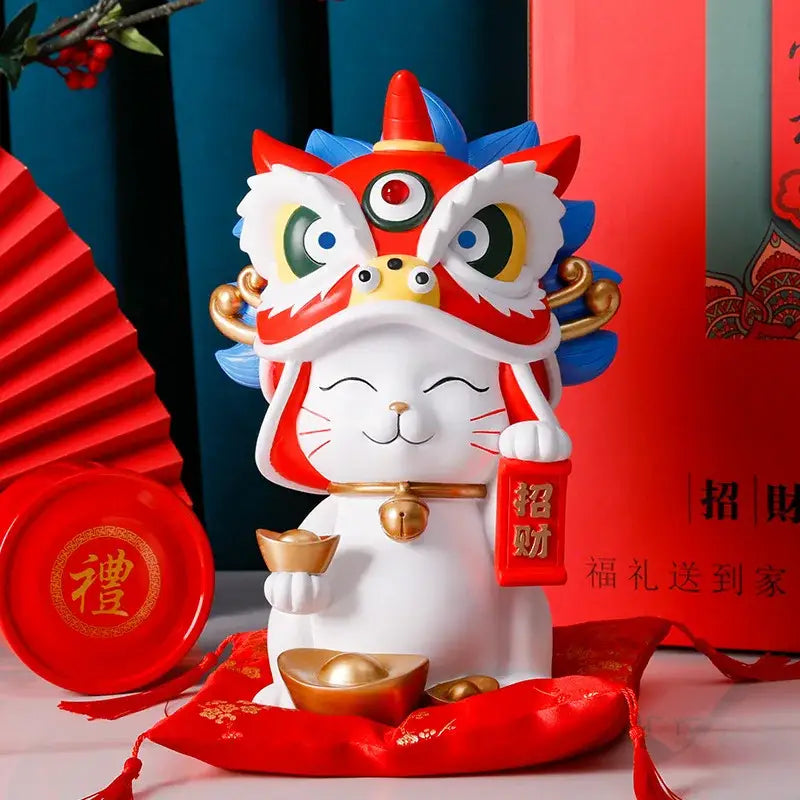 White ceramic decorbites lucky cat figurine with red and blue lion dance mask holding gold ingot and wealth plaque for home decor