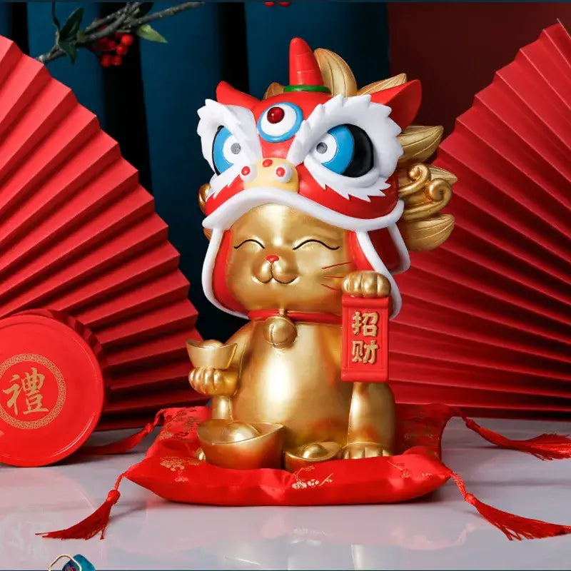 Golden decorbites lucky cat resin figurine wearing red lion dance mask holding gold ingot and red scroll for home decor