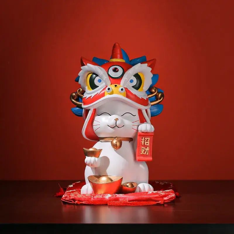 White ceramic resin decorbites lucky cat home decor with red blue lion dance mask gold coins and red banner for wealth and luck