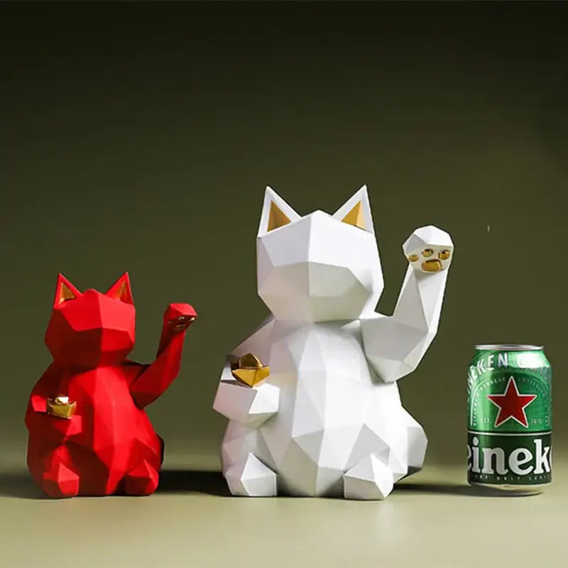 White geometric resin lucky cat figurine with gold accents and raised paw for modern nordic home decor decorbites lucky cat