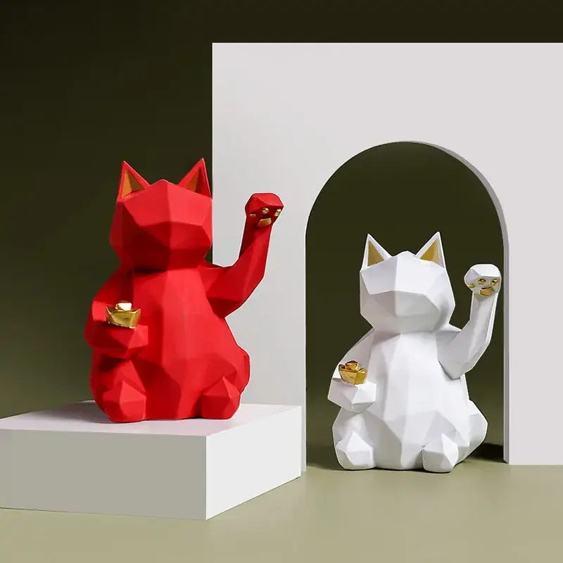 Red and white geometric-style decorbites lucky cat resin statue with gold accents for modern home decor