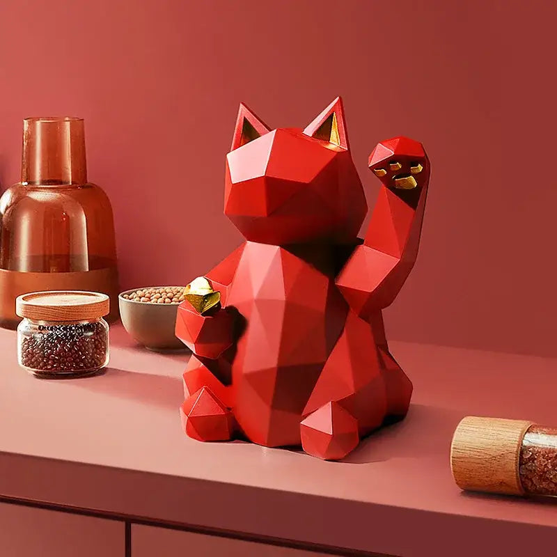 Decorbites lucky cat vibrant red resin statuette with gold accents for modern nordic home decor and lucky cat charm