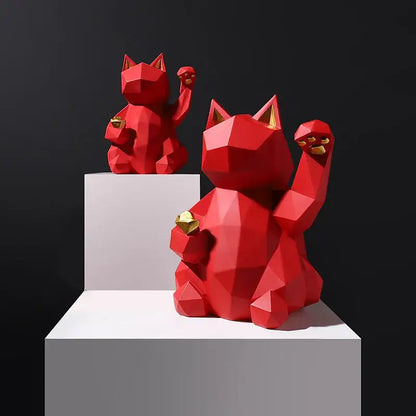 DecorBites lucky cat resin statue with vibrant red geometric facets and gold accents for modern home decor