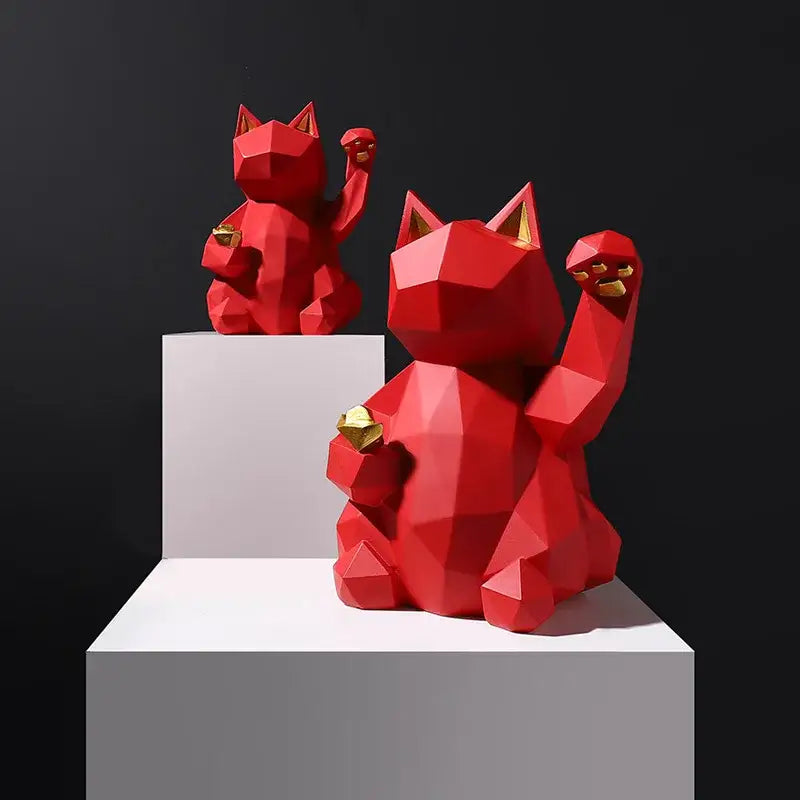 DecorBites lucky cat resin statue with vibrant red geometric facets and gold accents for modern home decor
