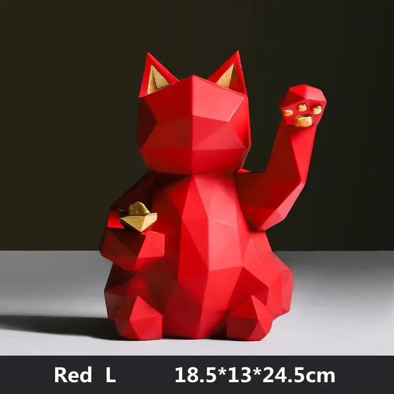 Red geometric resin lucky cat figurine with gold accents and ingot for modern nordic home decor by DecorBites