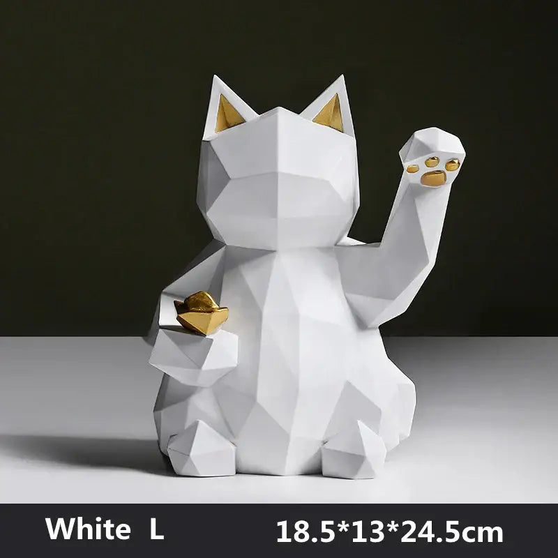 White resin decorbites lucky cat figurine with gold accents holding a golden ingot for modern home decor
