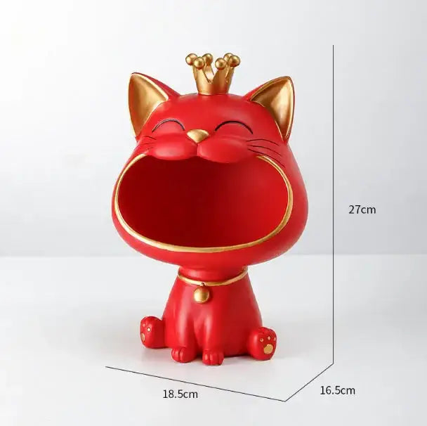 Red ceramic decorbites lucky cat sculpture with gold crown and collar sitting upright with wide open mouth storage box