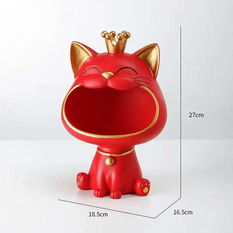 Red ceramic decorbites lucky cat sculpture with gold crown and collar designed as a modern storage container
