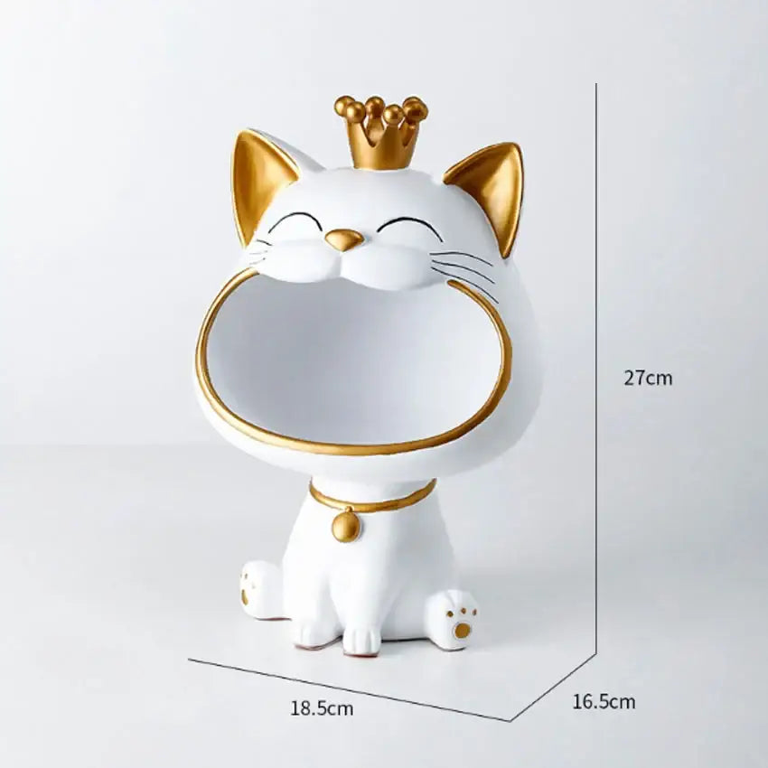 White ceramic decorbites lucky cat sculpture with gold crown ears collar trim for modern table decoration and storage box