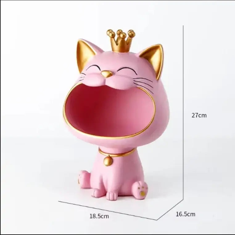 Pink ceramic decorbites lucky cat sculpture with gold crown ears collar and trim modern table decoration and storage box