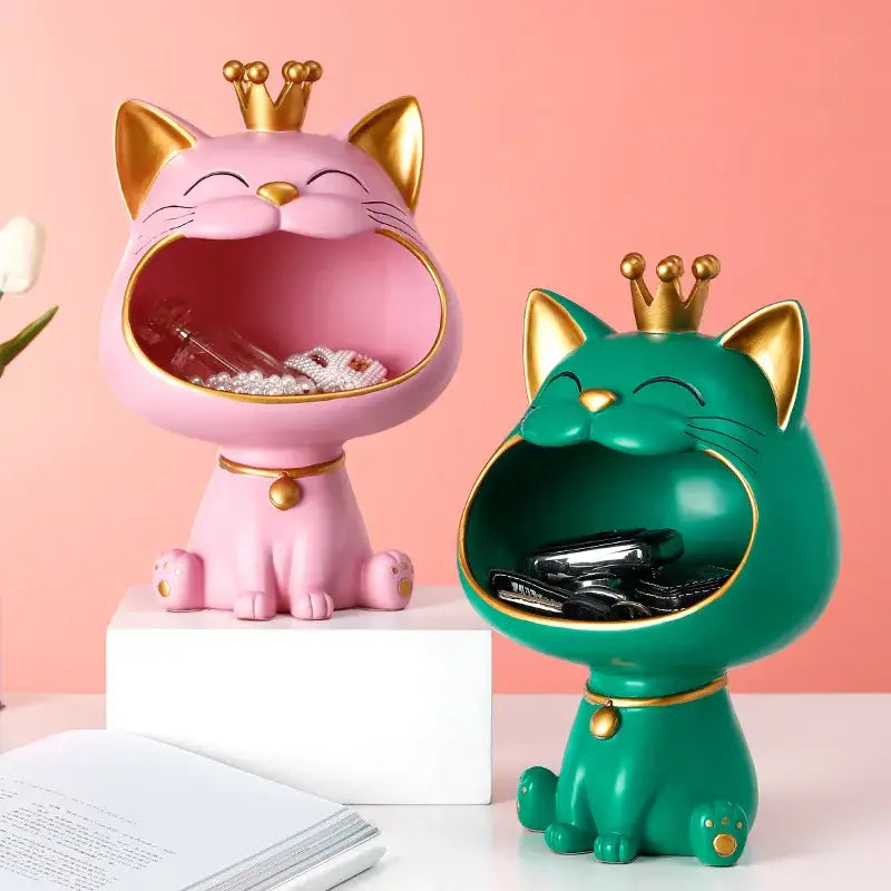 Decorbites lucky cat pink and green crown-wearing sculpture with gold accents as decorative storage box ornament