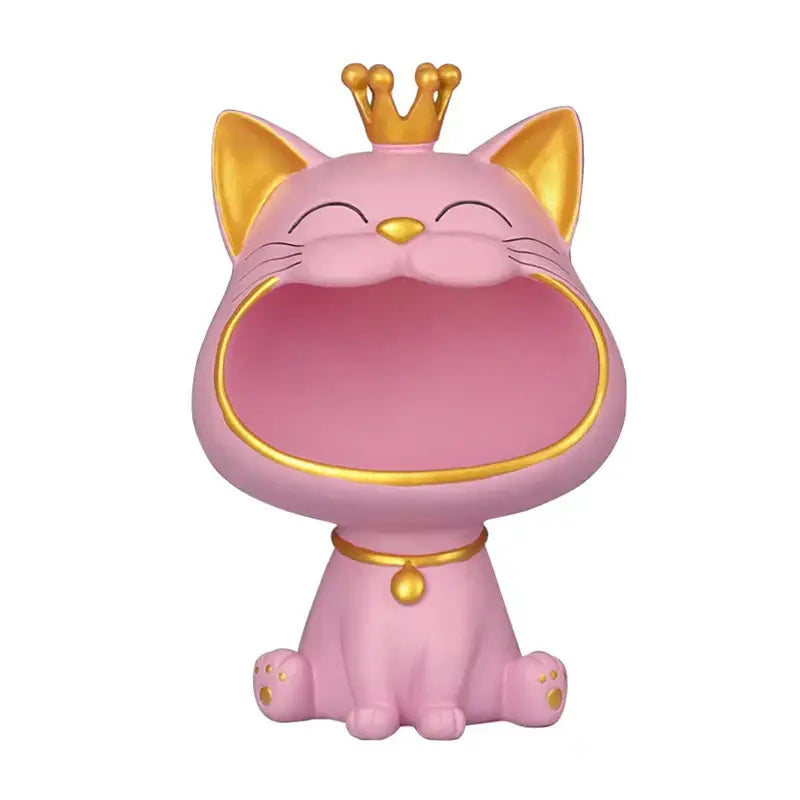 Pink decorbites lucky cat sculpture with gold crown collar and trim modern decorative organizer and storage box