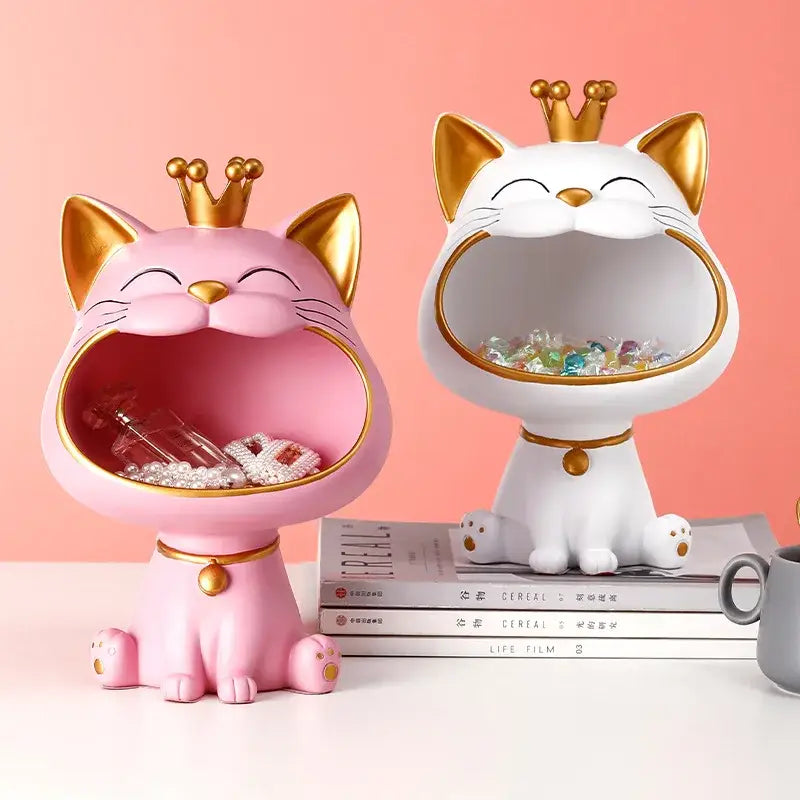 Decorbites lucky cat pink and white crown-wearing sculpture with gold accents for table decoration and storage box ornament