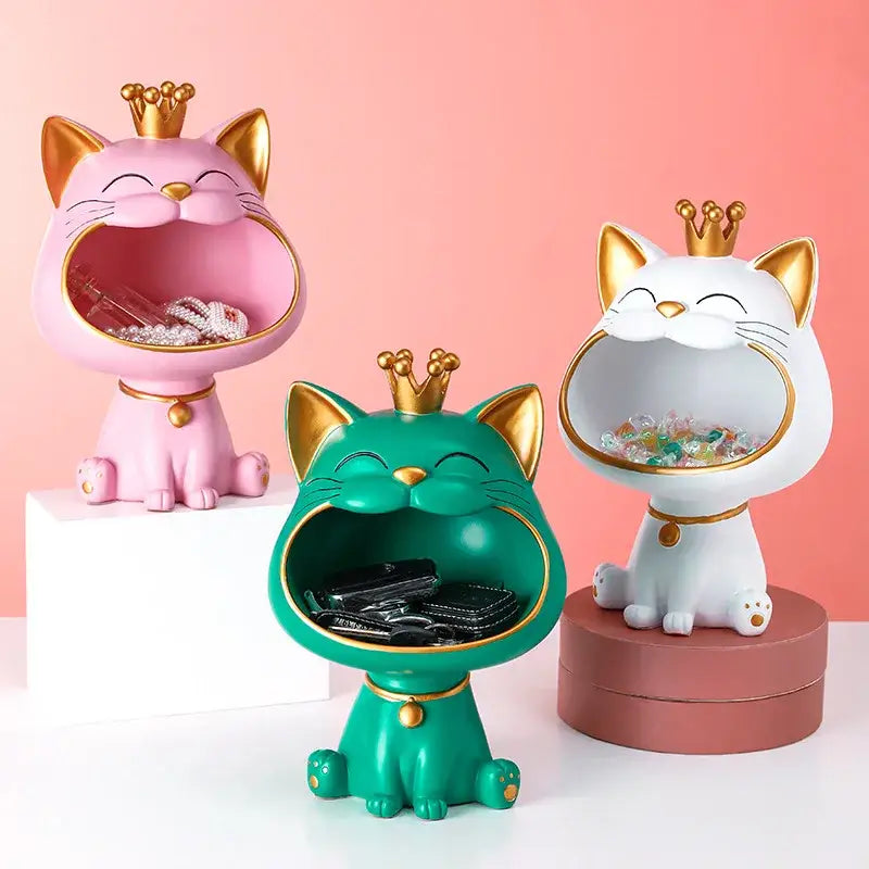 Decorbites lucky cat crown-wearing pink green and white ceramic storage containers with gold accents lucky cat sculpture
