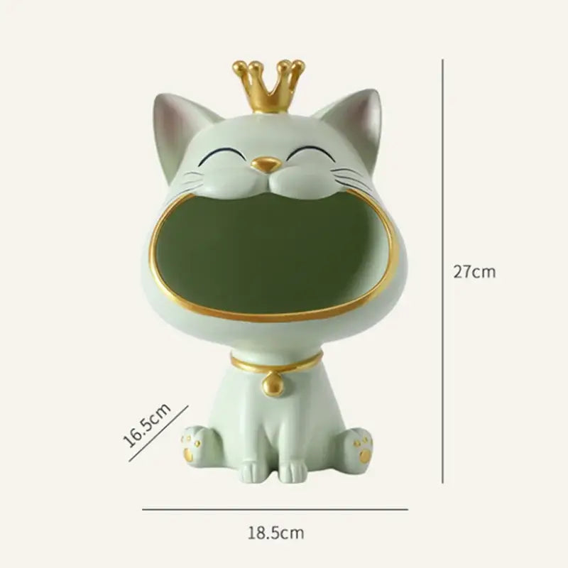 A mint green ceramic lucky cat sculpture with gold crown and collar designed as a decorative ashtray