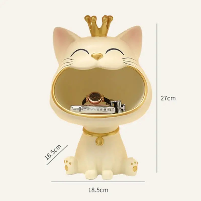 Cream-colored resin lucky cat sculpture with gold crown and collar designed as a decorative storage tray