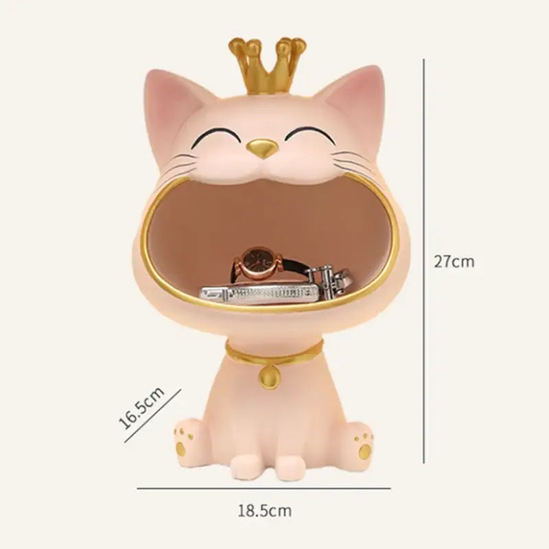 Pink ceramic lucky cat sculpture with gold crown open mouth storage compartment miniature decorbites desk box