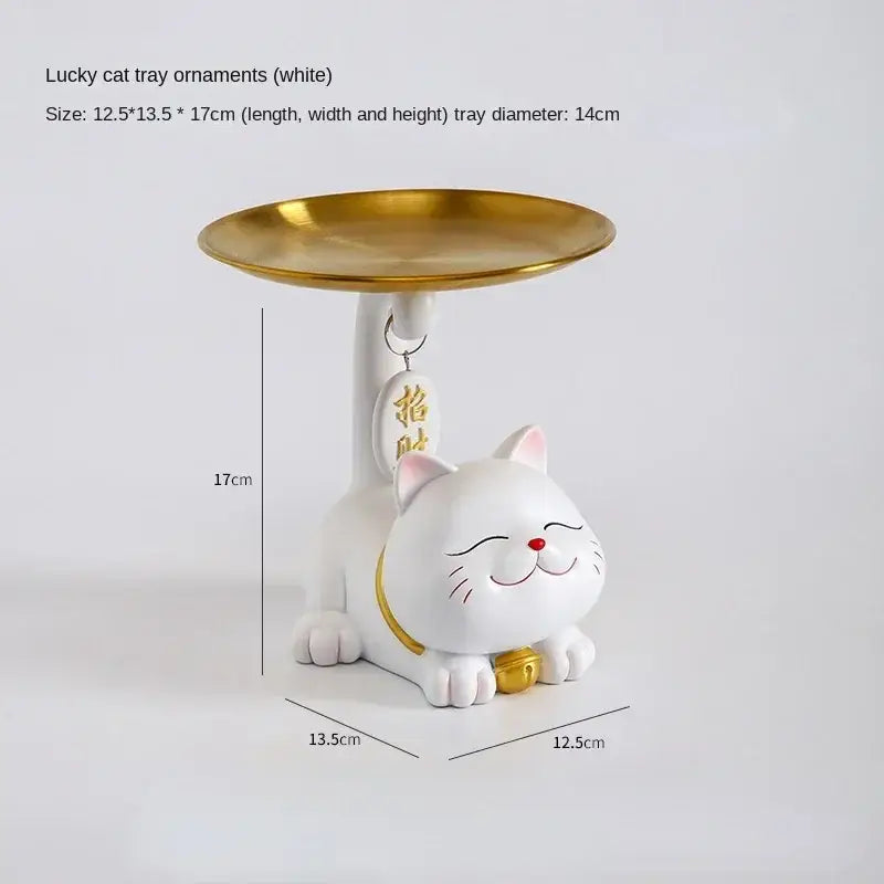 White lucky cat statue ornament with gold circular top and collar featuring chinese characters for home decor by decorbites