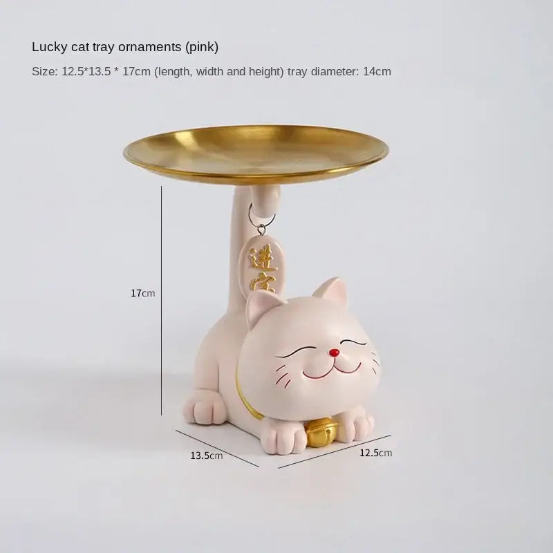 Pink decorbites lucky cat statue ornament with gold circular dish and small bell for home decor and storage