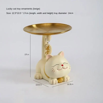 Beige decorbites lucky cat statue tray ornament with gold circular top and decorative details for home decor and storage