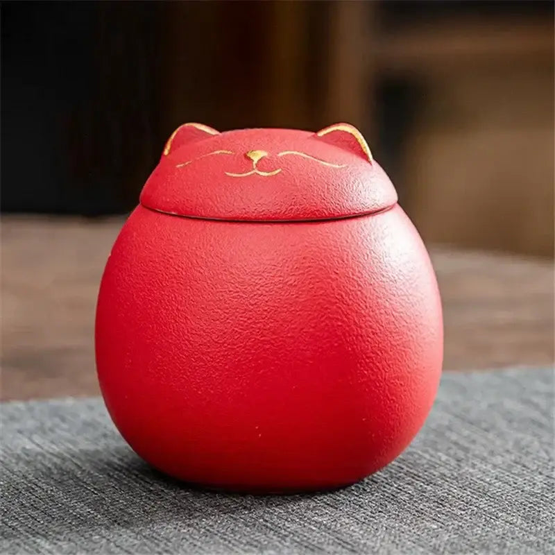 Red ceramic cat-shaped tea storage jar with gold-trimmed ears for household tea and candy storage by DecorBites