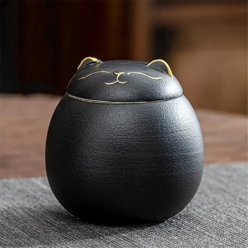 DecorBites™ lucky cat black ceramic tea storage jar with gold-trimmed ears for household tea and candy storage