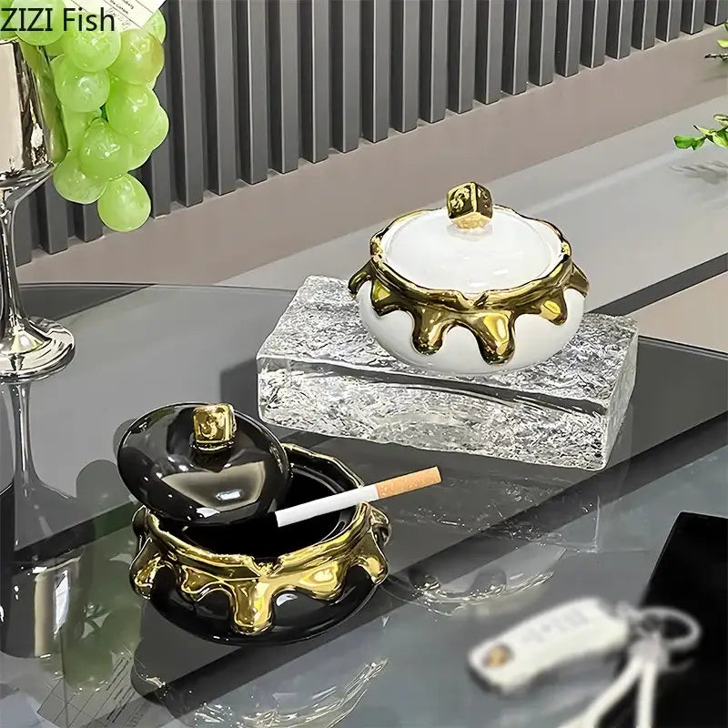 White and black ceramic ashtrays with gold drip detailing and lids by decorbites lucky ceramic ashtray for premium smoking accessories