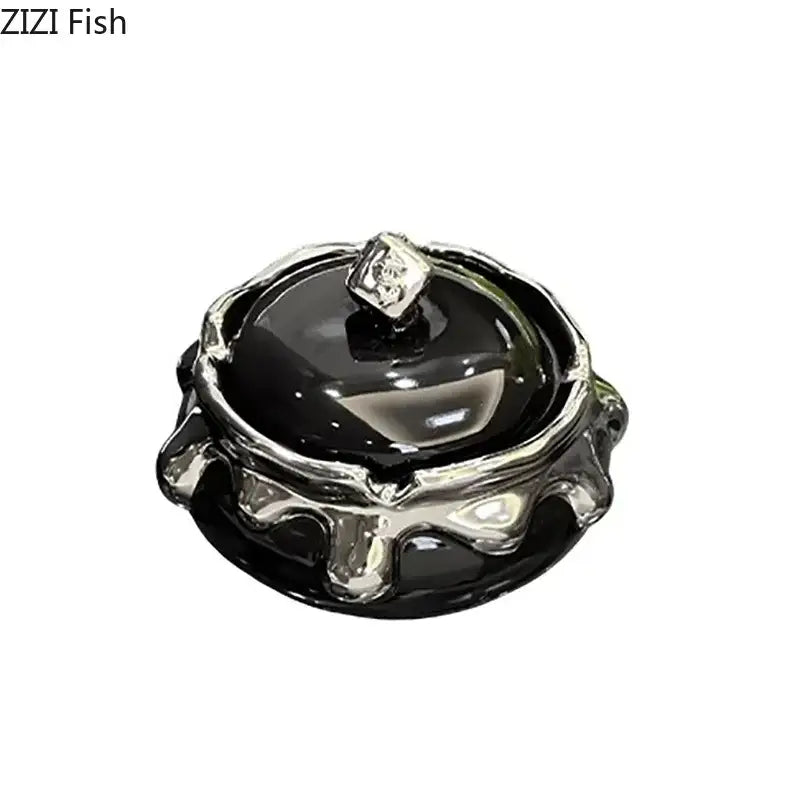 Black ceramic ashtray with silver metallic rim and diamond-shaped knob by DecorBites lucky ceramic ashtray
