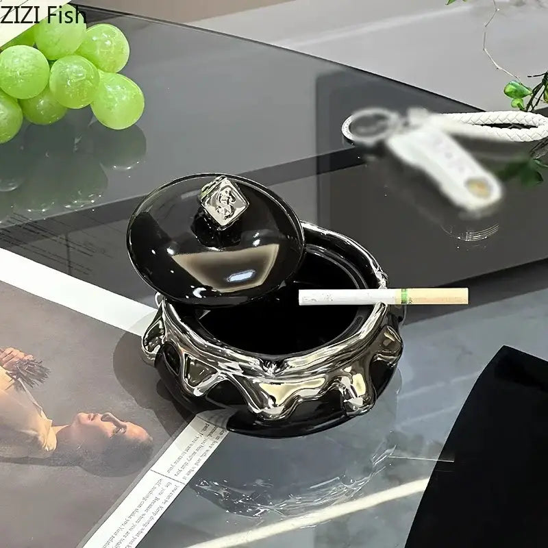 Black ceramic ashtray with glossy finish silver rim and ornate lid featuring diamond emblem decorbites lucky ceramic ashtray