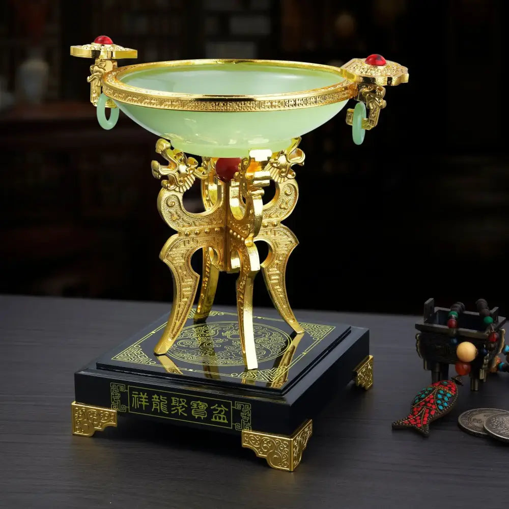 A jade-green translucent flower stand with gold-plated dragon handles by DecorBites lucky decoration for home display