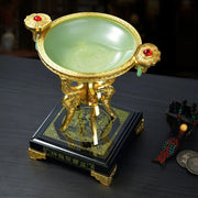 Elegant jade-green decorbites lucky decoration flower stand with gold-plated ornate handles and red gemstone accents