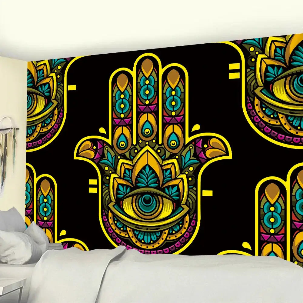 Decorbites lucky hand mandala hand mandala tapestry with vibrant yellow outlines and central eye on black background wall hanging