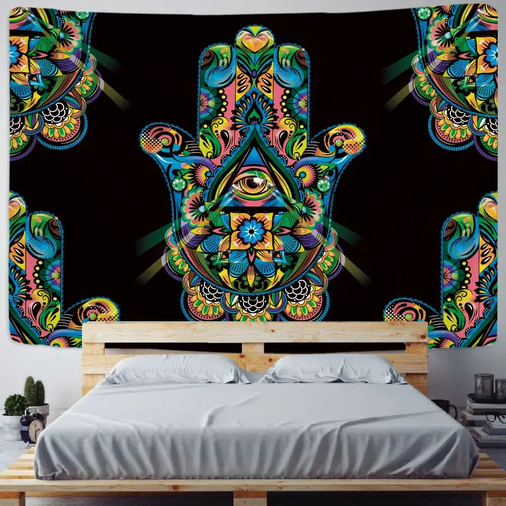 Decorbites lucky hand mandala tapestry wall hanging features vibrant neon blues greens pinks and yellows on black background
