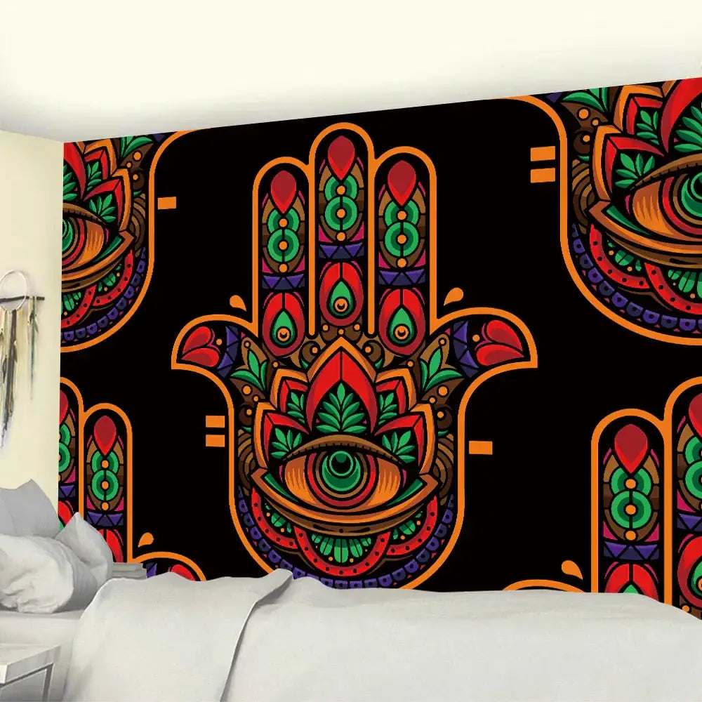 Vibrant decorbites lucky hand mandala tapestry wall hanging with red green gold hamsa hand and central eye on black background