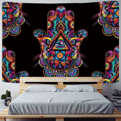 Decorbites lucky hand vibrant psychedelic hand mandala tapestry with intricate mandala patterns and all-seeing eye design