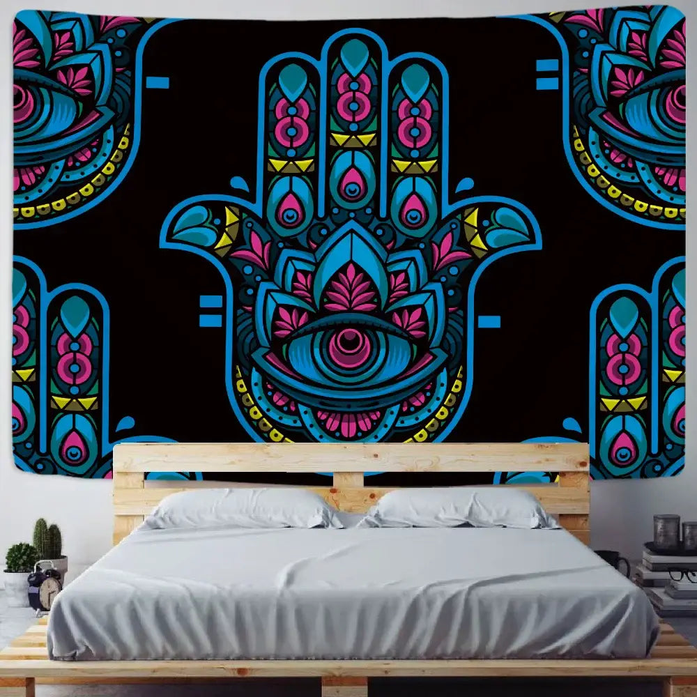 DecorBites™ lucky hand mandala tapestry wall hanging with vibrant neon blue and pink hamsa design on black background
