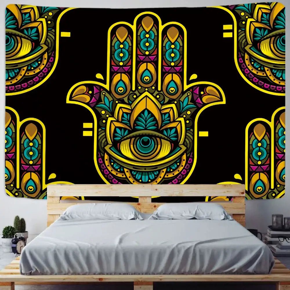 Decorbites lucky hand mandala tapestry wall hanging featuring vibrant yellow teal purple and gold hamsa hand design on black