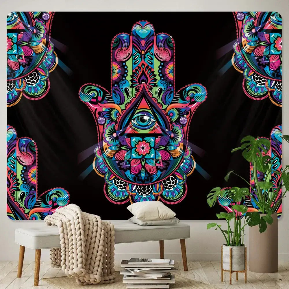 Vibrant decorbites lucky hand mandala tapestry with neon floral and geometric patterns on black for boho wall decor