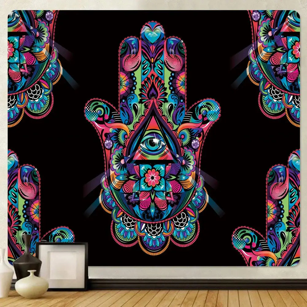 Decorbites lucky hand mandala tapestry wall hanging with vibrant psychedelic floral and geometric patterns on black background