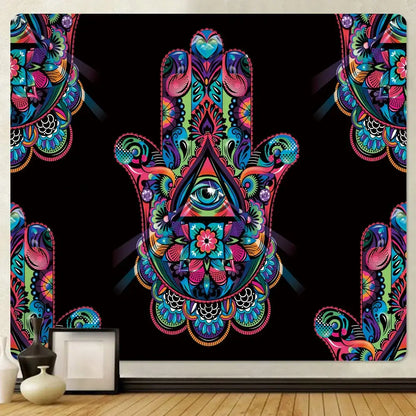 Decorbites lucky hand mandala tapestry wall hanging with vibrant psychedelic floral and geometric patterns on black background