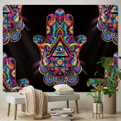 Vibrant psychedelic decorbites lucky hand mandala tapestry with intricate mandala patterns and central all-seeing eye design