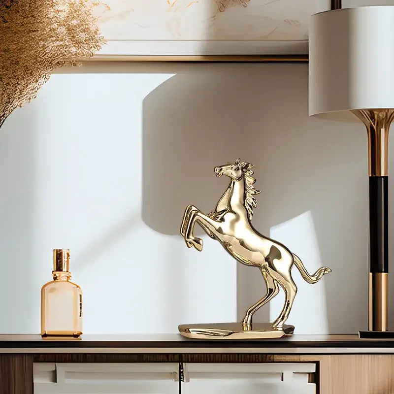 Golden horse resin home decoration sculpture by decorbites lucky horse with sleek polished finish and dynamic rearing pose